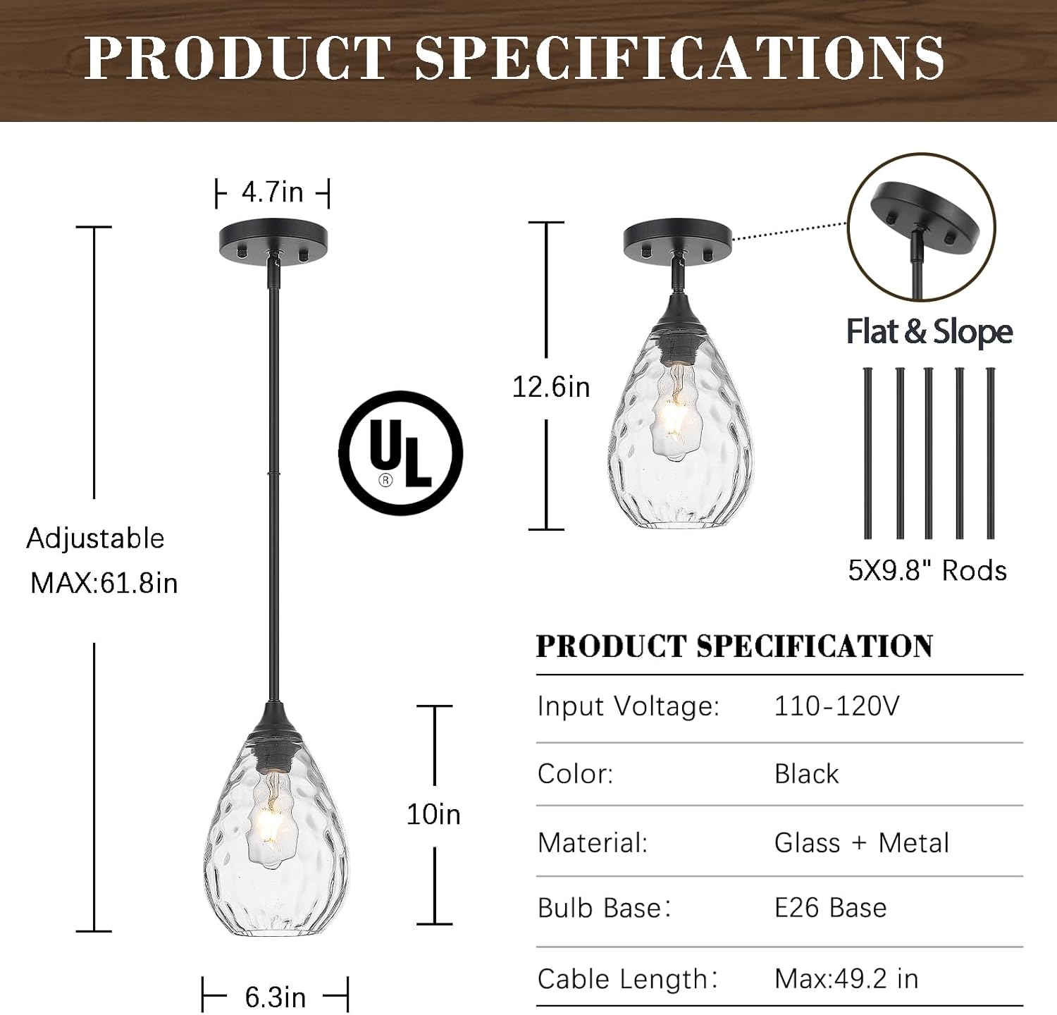 Glass Pendant Lights Kitchen Island, 1-Light Modern Black Pendant Light Fixtures with Hammered Glass and Rods, Small Hanging Light for Kitchen Sink Dining Room Bathroom