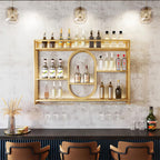 47" Upgrade Metal Wall Mounted Wine Rack, 3 Tier Bar Shelves with Glass Holder, Large Capacity Modern Liquor Shelves for Home Bar, Dining Room & Kitchen, Gold