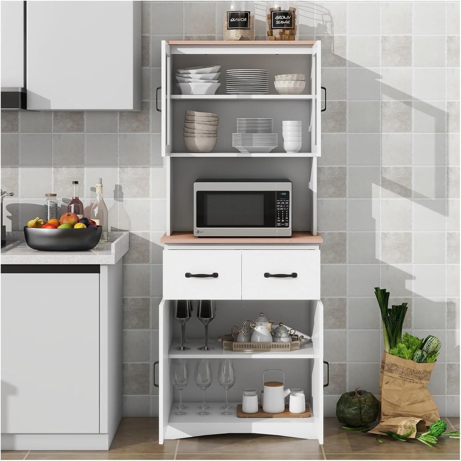 Kitchen Cabinet White Pantry Room Storage Microwave Cabinet with Framed Glass Doors and Drawer,for Kitchen