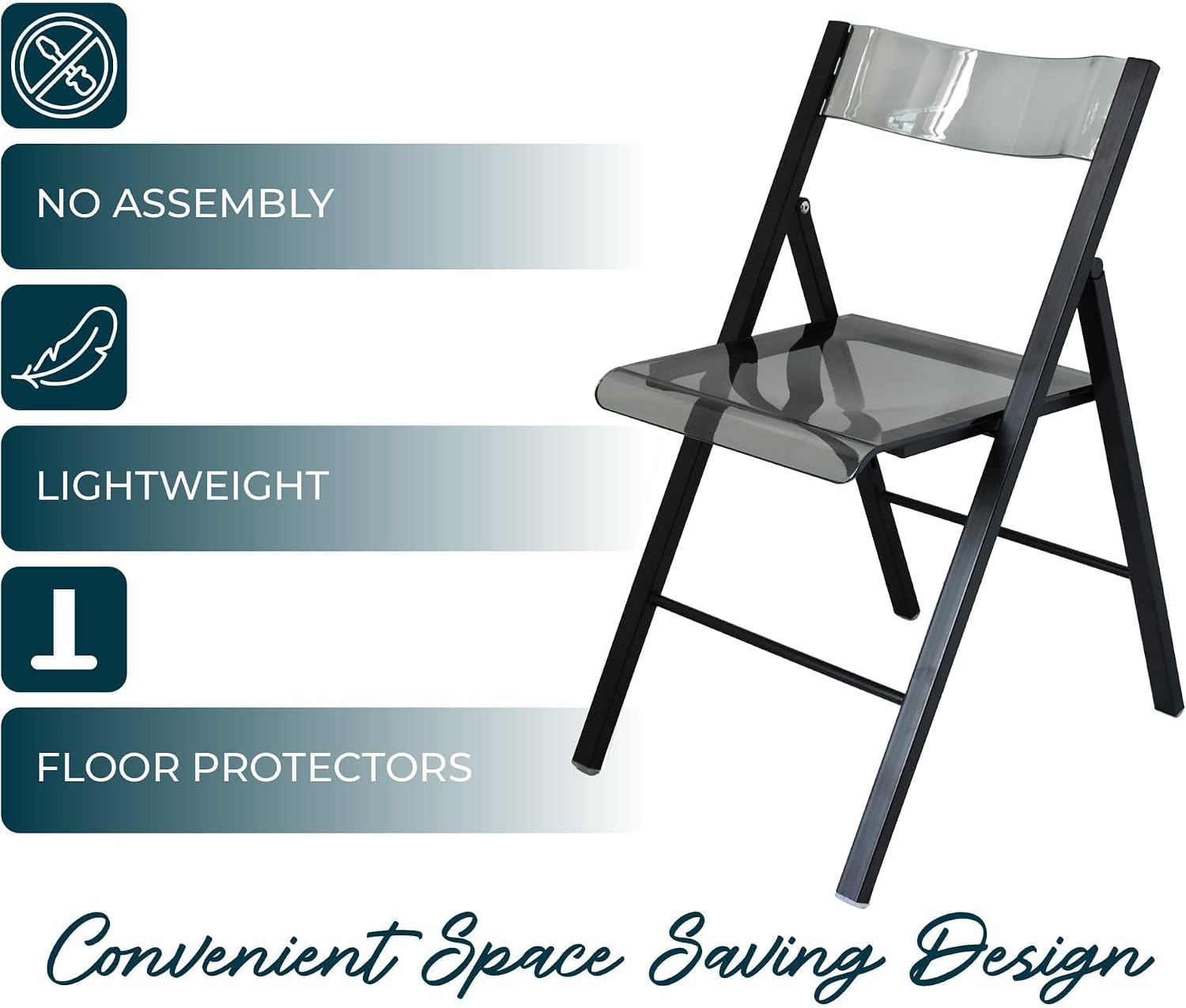 LeisureMod Transparent Acrylic Folding Chair Black Frame, Lightweight Iron Chrome Base, Comfortable Clear Desk Chair, No Assembly Needed (Set of 2) in Solid Black