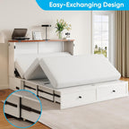 Mjkone Full Murphy Bed Cabinet with Tri-Folding Mattress, Distressed Wooden 57" W Cabinets Wall Chest Beds with Built-in Charging Station & Storage Drawer for Office Guest Bedroom Living Room, White