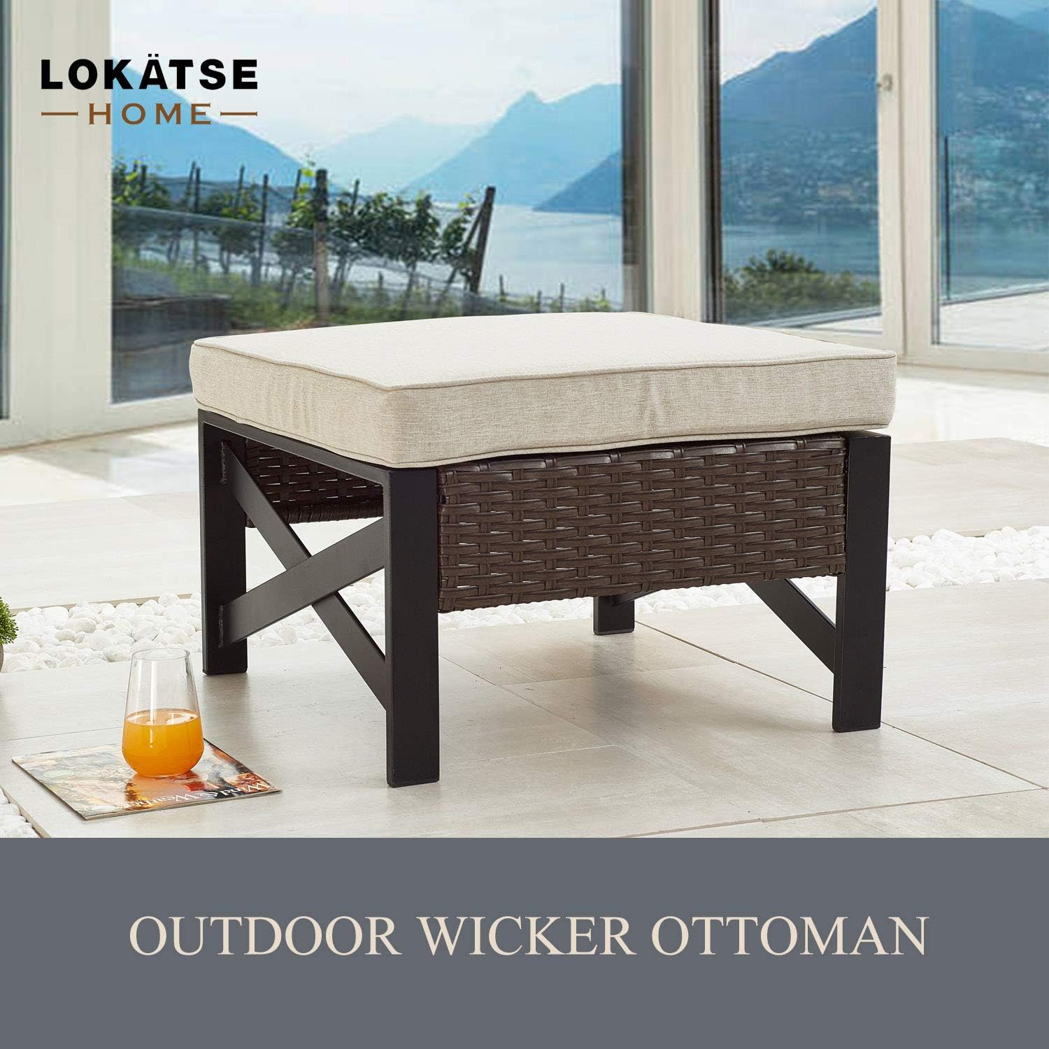 LOKATSE HOME Outdoor Wicker Ottoman with Cushion Patio Bistro All Weather Rattan Furnitur Footrest Seat Steel X-Leg, Brown
