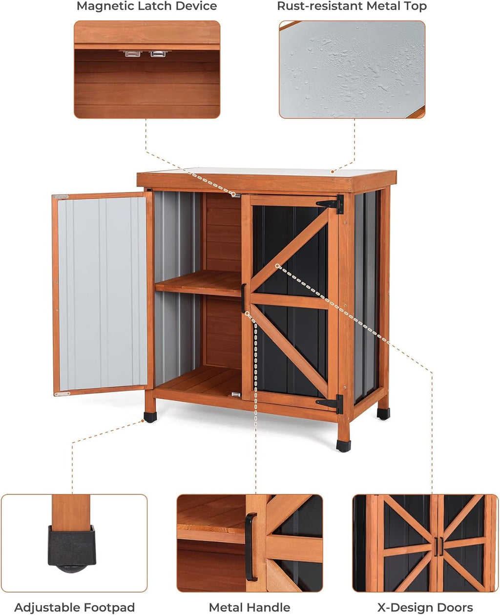 Outdoor Storage Cabinet, 31.5"×17.7"×33.3" in Wood Garden Tool Shed with Rustproof Metal Top, Potting Bench for Patio, Backyard, Pool & Garage, Organizer with Shelves