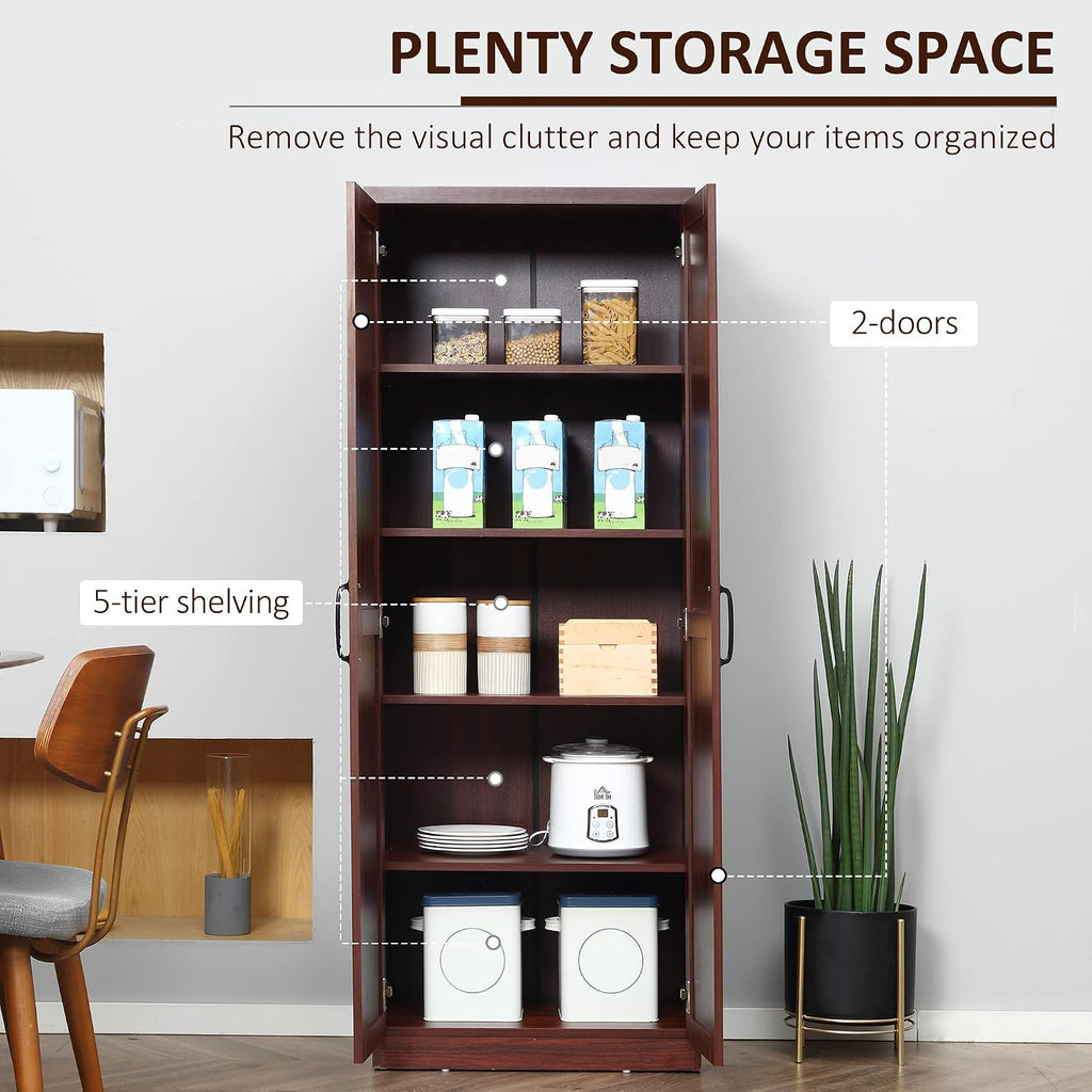 63" 2-Door Kitchen Pantry, Freestanding Storage Cabinet with 5-Tier Shelving and 2 Adjustable Shelves for Dining Room, Cherry Wood Color
