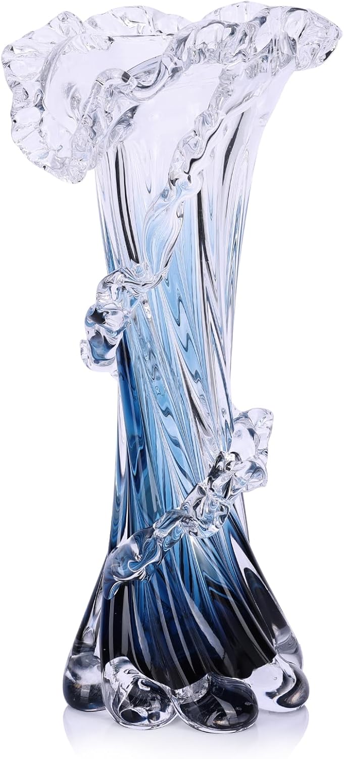 Hand Blown Blue Glass Vase, Unique Art Beautiful Ocean Glass Vase for Coastal Home Decor, Coffee Table, Living Room, Office Decor - 11.8" H(Large)