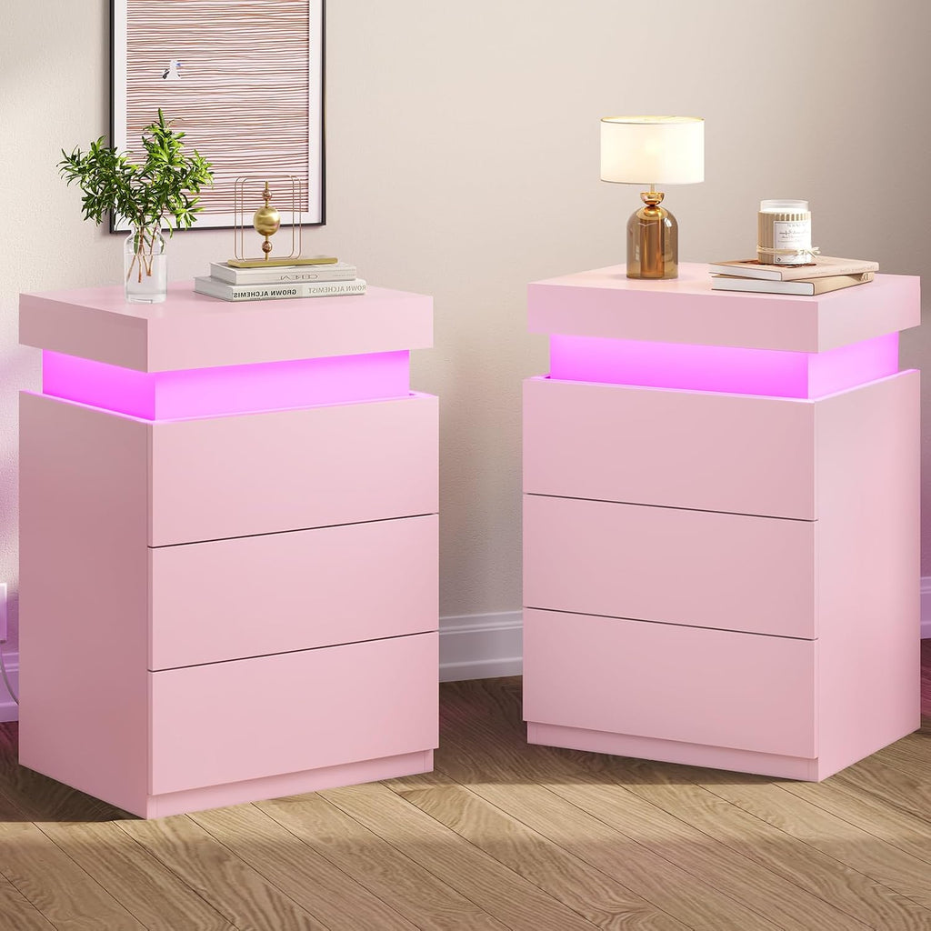 BTHFST LED Pink Nightstands Set of 2 with Charging Station | Nightstand with Sliding Top,Bedside Table with Power Outlets & Drawers,Modern Side Table
