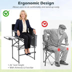 COSTWAY Folding Tall Director Chair, 26" Seat Height Portable Camping Chair with Side Table, Cup Holders, Storage Pockets, Footrest, Compact Makeup Salon Chair Support 350 lbs
