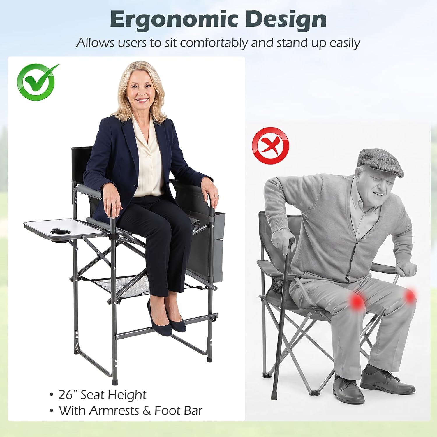 COSTWAY Folding Tall Director Chair, 26" Seat Height Portable Camping Chair with Side Table, Cup Holders, Storage Pockets, Footrest, Compact Makeup Salon Chair Support 350 lbs