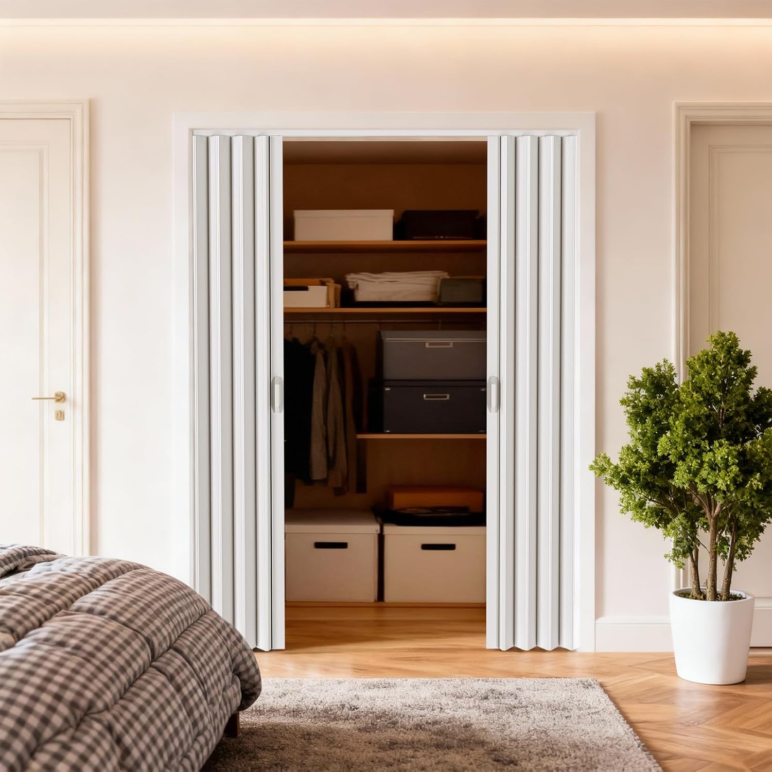 60" x 80" PVC Accordion Door, White Double Layer PVC Folding Interior Door with Sliding Track Kit, Space-Saving Closet Door, No Floor Track, Dual-Sided Handle & Latch, Easy to Install and Clean (B)