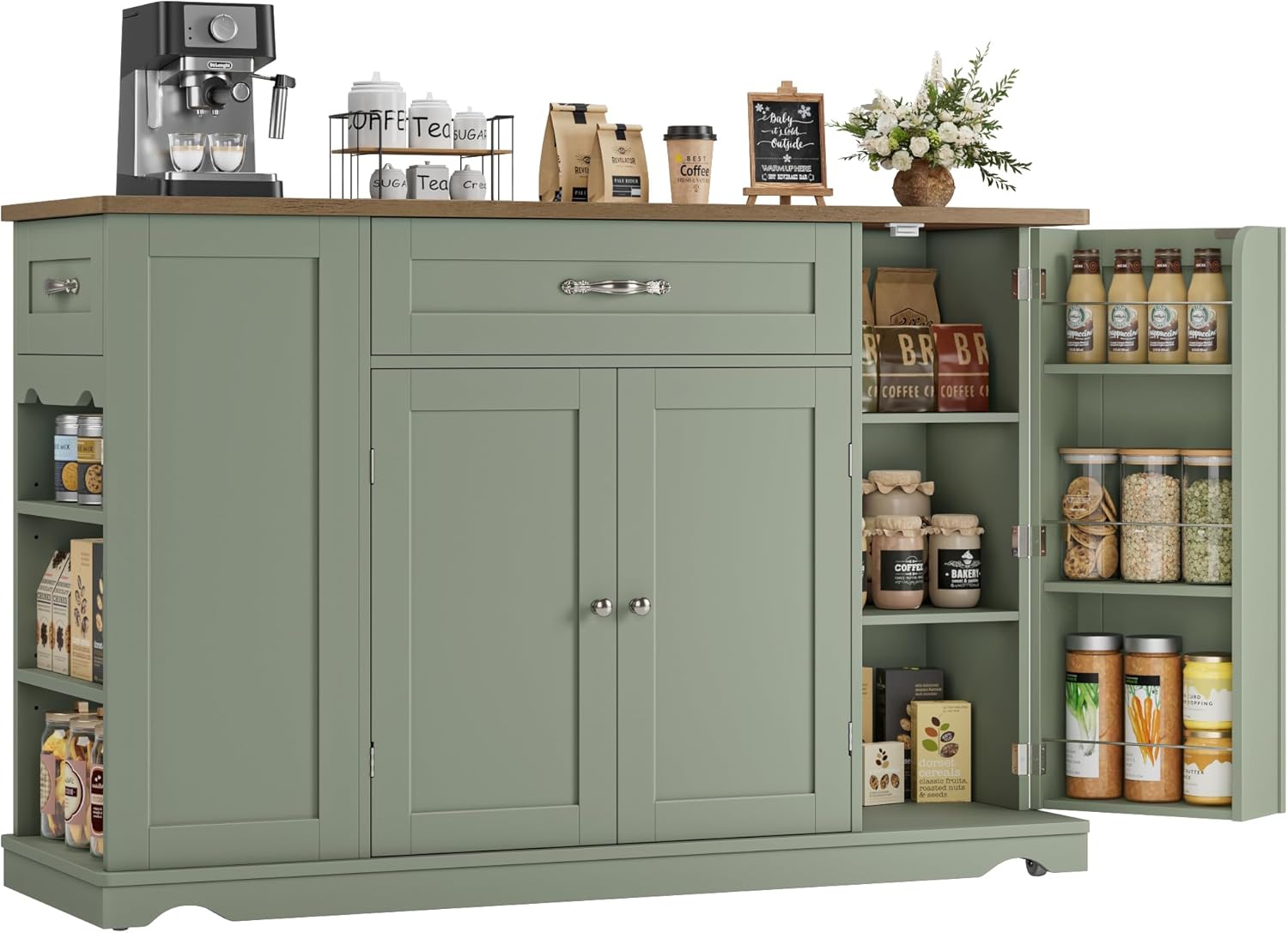 HOSTACK Kitchen Island Cart with Storage, 47'' Kitchen Storage Island on Wheels with 2 Drawers, Rolling Island Table with Adjustable Shelves, Mobile Buffet Sideboard Cabinet for Dining Room, Green