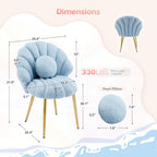 VINGLI Shell-Shaped Teddy Fleece Accent Vanity Chair with Back,Comfy Blue and Gold Desk Chair No Wheels,Cute Small Pearl Deco Pillow,Gift for Girls/Women,for Makeup,Office,Dining,Nail,Sewing,Bedroom