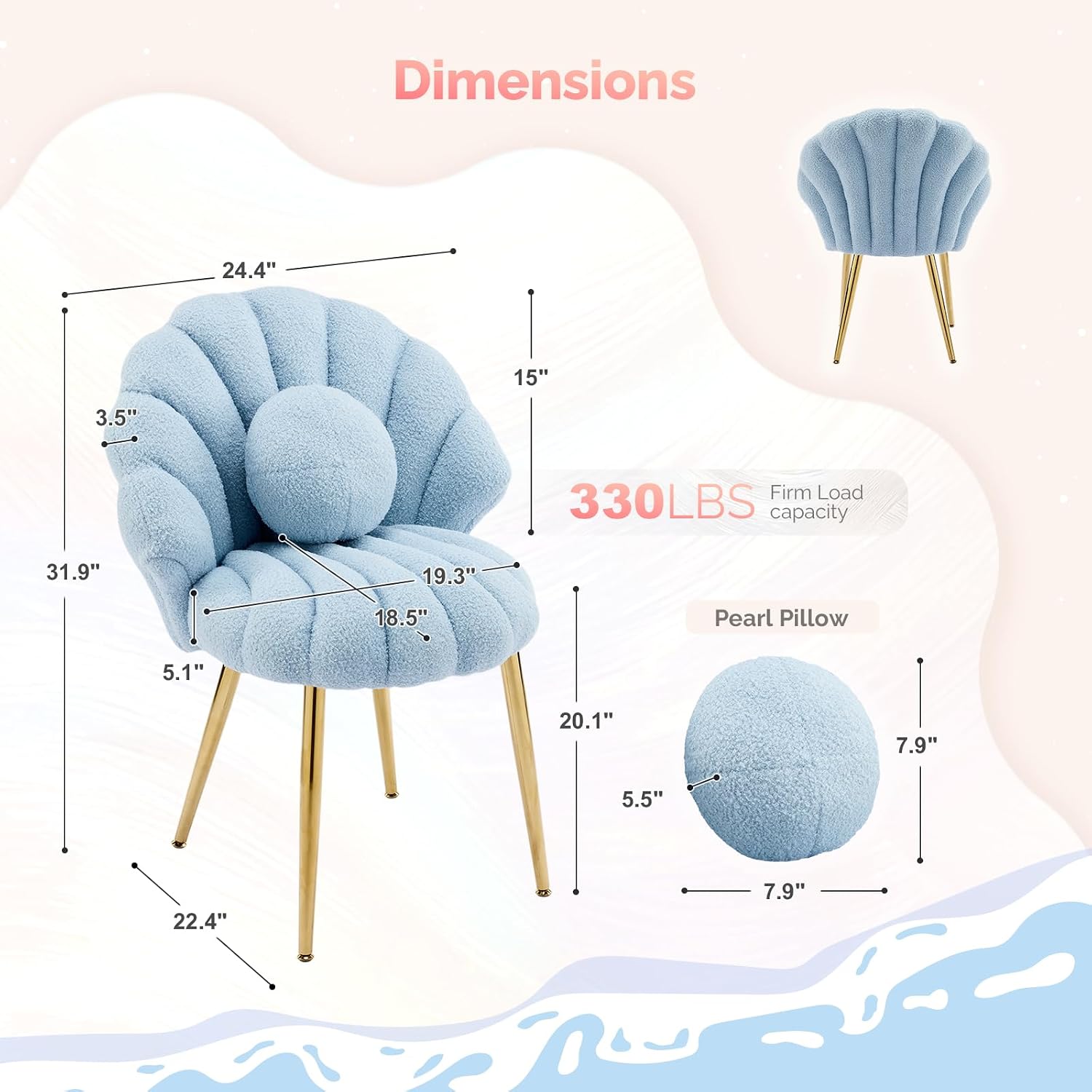 VINGLI Shell-Shaped Teddy Fleece Accent Vanity Chair with Back,Comfy Blue and Gold Desk Chair No Wheels,Cute Small Pearl Deco Pillow,Gift for Girls/Women,for Makeup,Office,Dining,Nail,Sewing,Bedroom