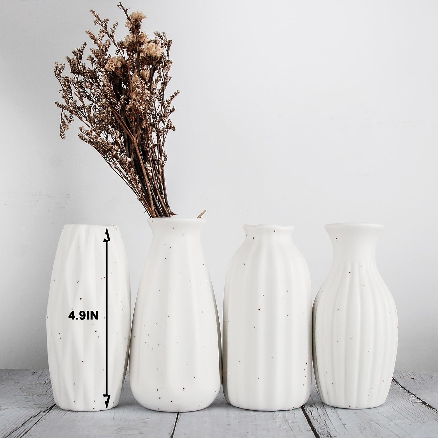 Set of 4 Small White Ceramic Vases Table Flower Vase Modern Decorative Vases for Pampas Grass, Small Vase for Home Living Room Dining Table Farmhouse Office Decor-4.9inch High