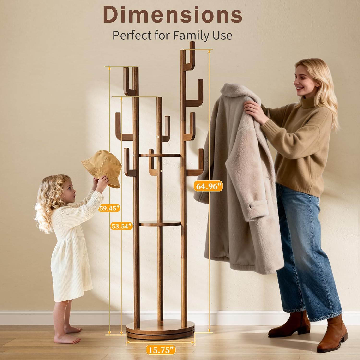 Rotary Coat Rack Freestanding, Solid Wood Coat Tree with 9 Hooks & 3 Storage Shelves for Purse Bag Hat Jacket, Corner Hanger Stand for Entryway Hallway Office Bedroom