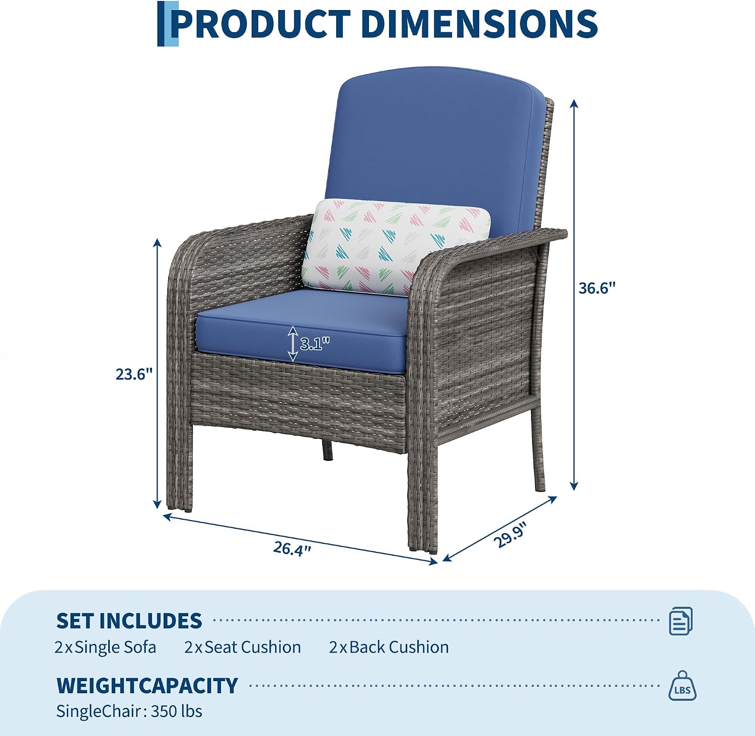 Garvee 2 Pieces Patio Furniture Set, Outdoor Wicker Chairs of 2,All Weather High Back Rattan Chairs 2-Seater with Comfy Cushions for Porch Deck,Gray & Blue