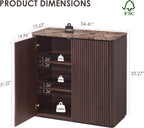 Fluted 2 Doors Sideboard Cabinet with Storage, 34" Wooden Credenza with Shelves, Faux Marble-Top Coffee Bar Console Table, Modern Buffet Cabinet for Dining, Kitchen, Living Room, Entryway, Dark Oak