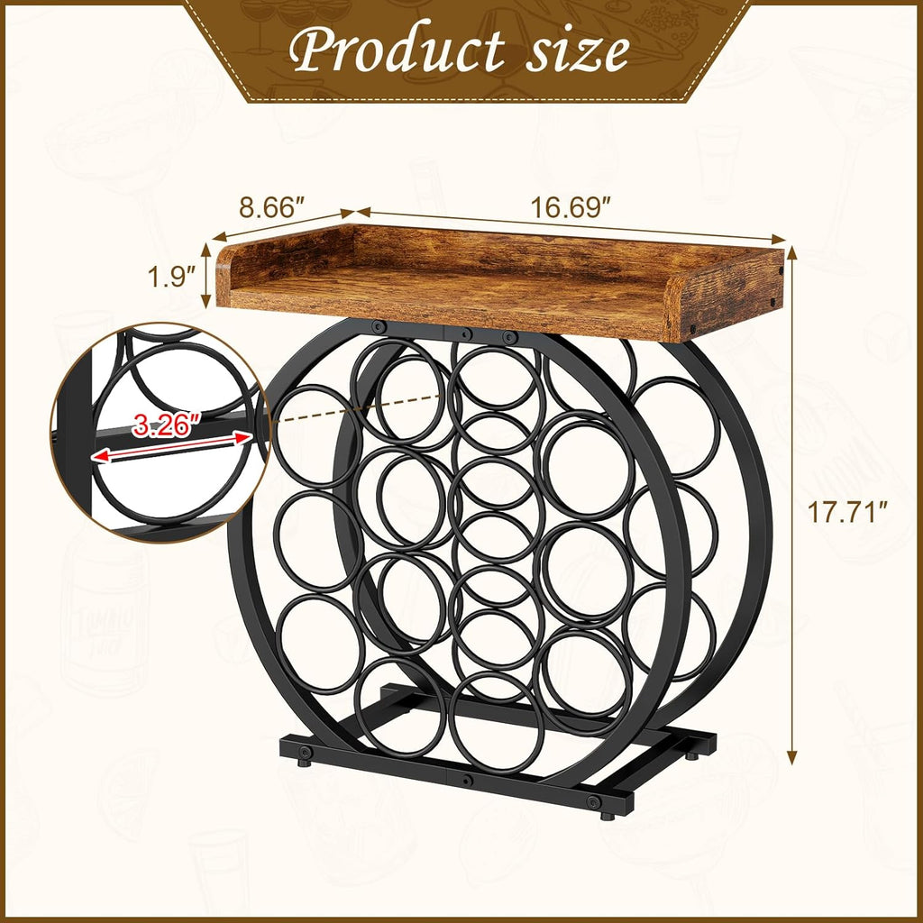 X-cosrack 14-Bottle Countertop Wine Rack with Wooden Tabletop, Freestanding Round Metal Wine Bottle Organizer and Display Stand for Kitchen, Pantry, Home Bar and Cabinet