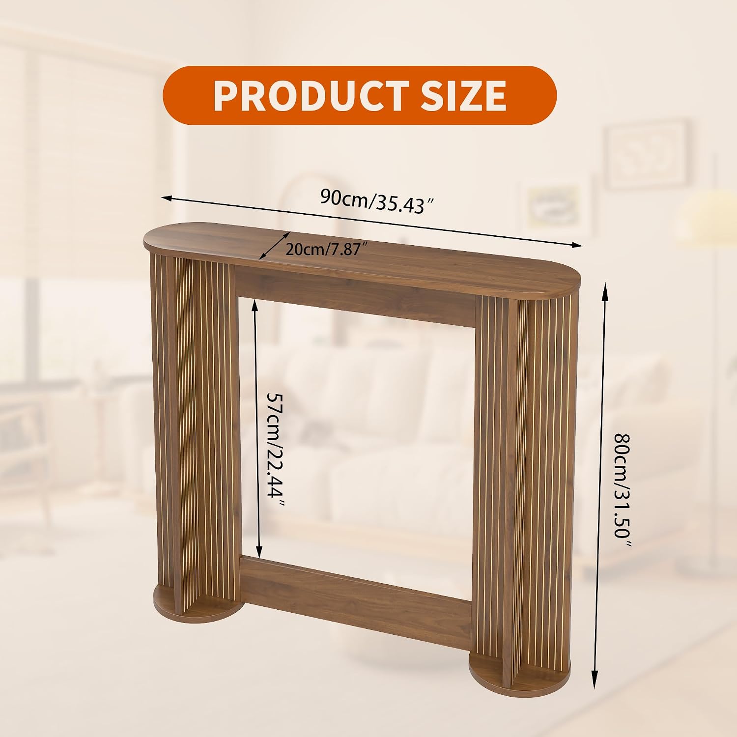 35 Inch Small Narrow Console Table Behind Couch, Mid-Century Modern Fluted Skinny Entryway Table, Slim Sofa Table for Hallway, Living Room, Wood, Brown, Walnut