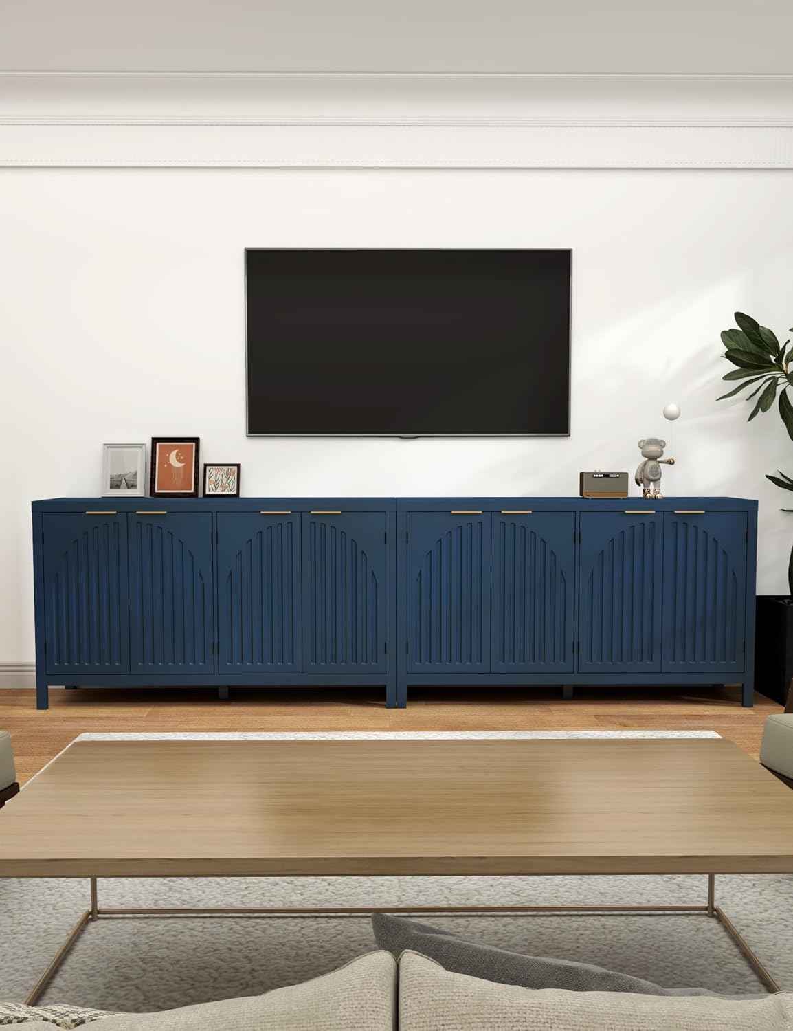 58" Modern Fluted Sideboard Buffet Cabinet with Storage, Modern Credenza with Arched Doors, Coffee Bar Table, Wood Media TV Console Table Credenza for Living Room Hallway Entryway (Blue)
