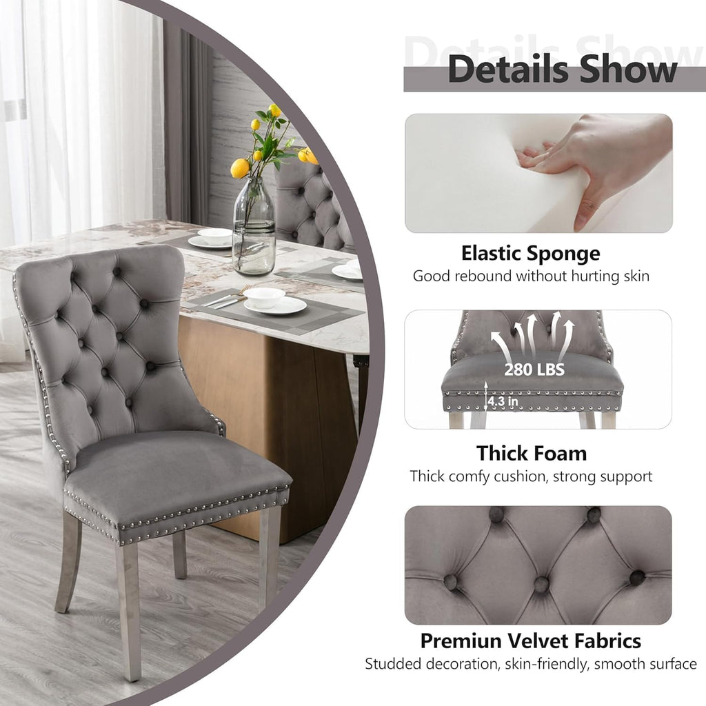 Modern Silver Round Glass Dining Table Set for 4, 36'' Luxury Minimalist Circle Dinette Room Set, 5 PCS Clear Circular Glass Top Kitchen Set, Grey High-end Tufted Chairs, for Small Place