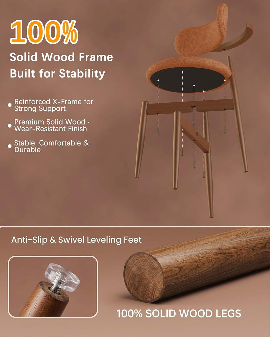 Wooden Dining Chairs Set of 4, Mid Century Modern Upholstered Kitchen Chairs with Solid Wood Legs, 350lb Heavy Duty Padded Side Chairs for Dining Room & Vanity, Orange