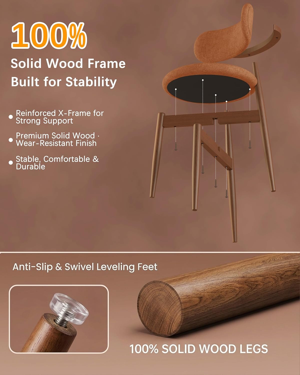 Wooden Dining Chairs Set of 4, Mid Century Modern Upholstered Kitchen Chairs with Solid Wood Legs, 350lb Heavy Duty Padded Side Chairs for Dining Room & Vanity, Orange