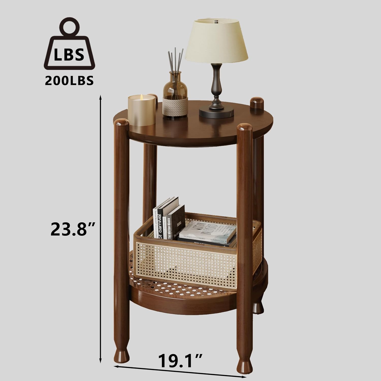 NSdirect Round End Table for Living Room, 2-Tier Rustic Wood Center Table for Home Decor with Boho Woven Rattan Storage Shelf | Modern Farmhouse Design, Easy Assembly, Red Brown