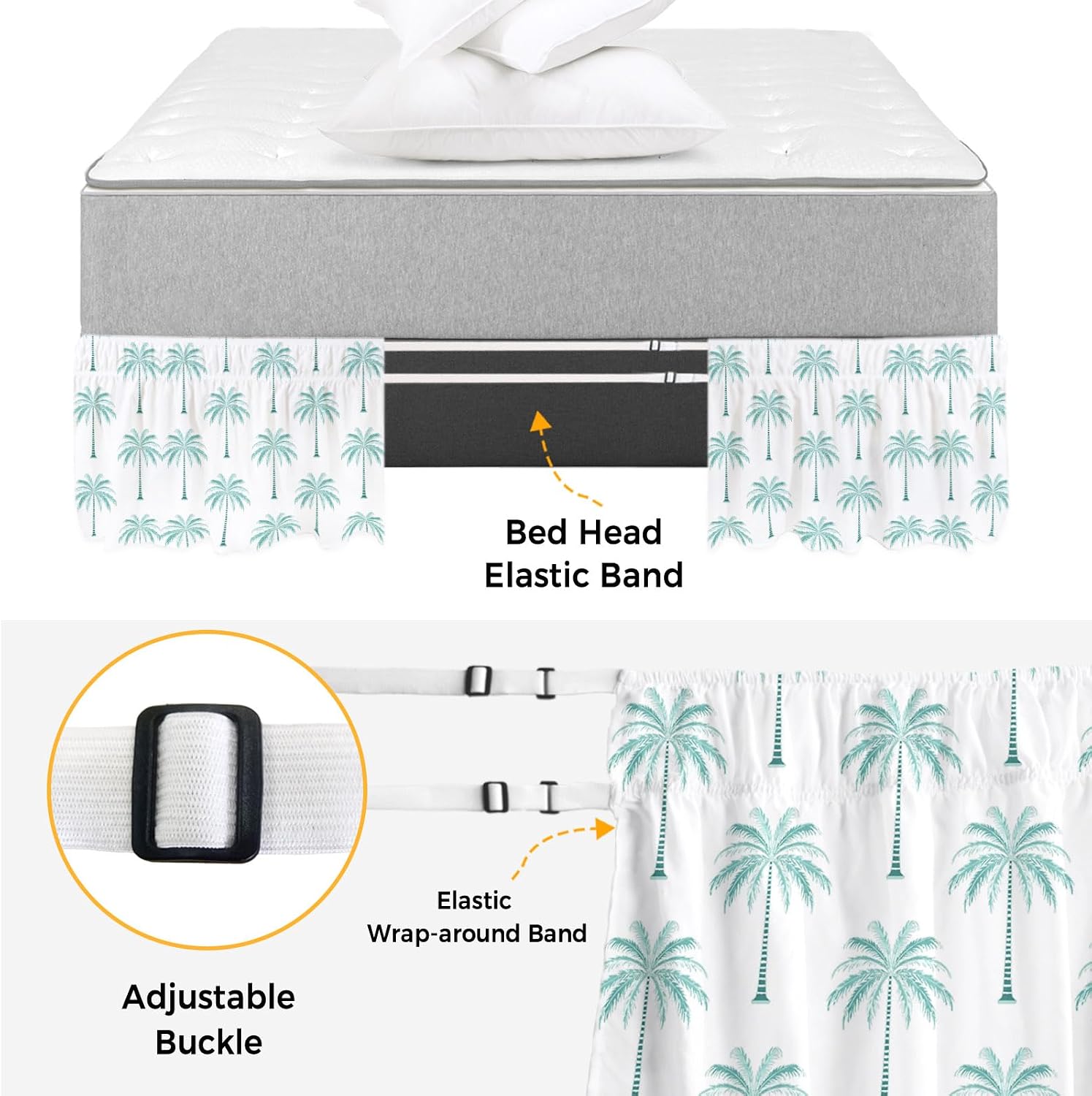 Teal Geeen Palm Trees Bed Skirt King Size 16 Inch Drop, Adjustable & Elastic Wrap Around Bed Skirts Pleated Luxury Dust Ruffles for Twin Full Queen Cal King Base Bed, Tropical Summer Beach Botanical