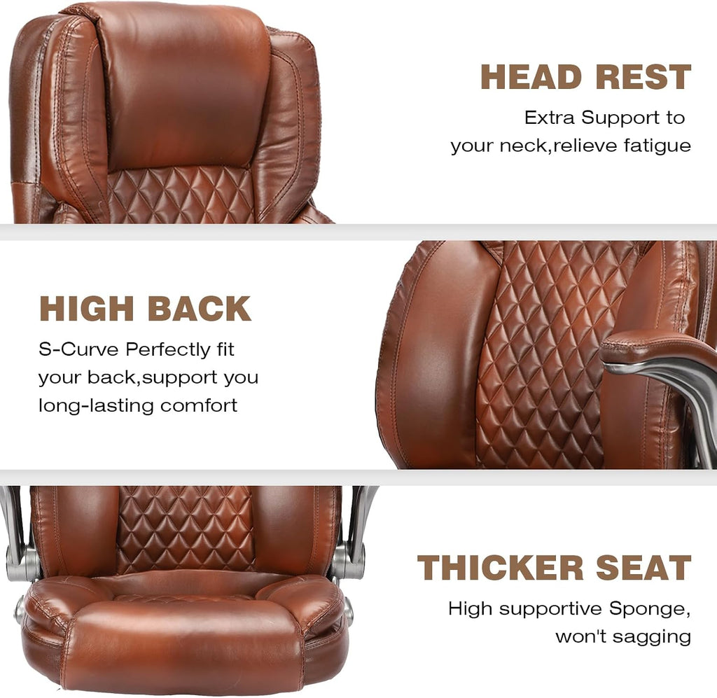 Brown Leather Office Chair with Flip up Arms, High Back Ergonomic Executive Office Chairs with Wheels, 90-120° Rocking Office Desk Chair with Lumbar Support, Swivel Task Chairs