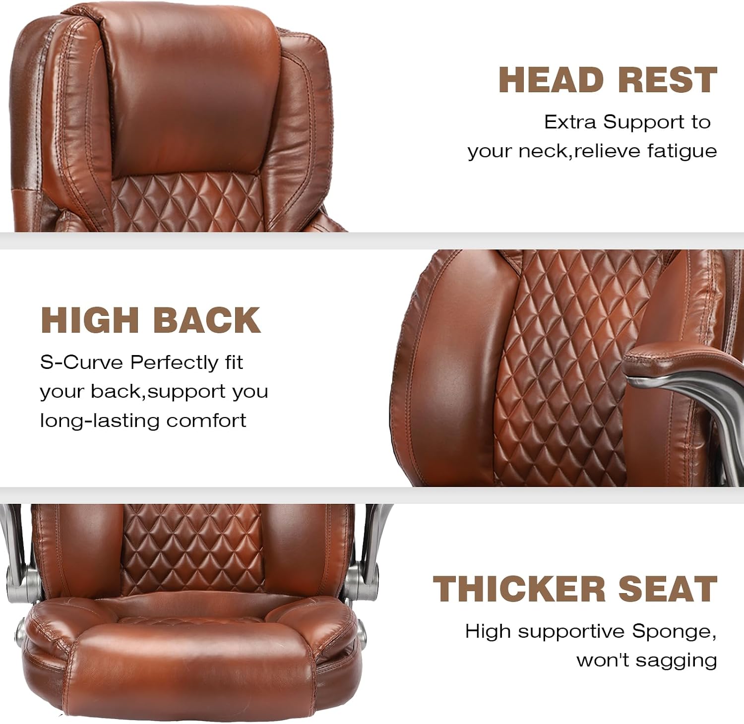 Brown Leather Office Chair with Flip up Arms, High Back Ergonomic Executive Office Chairs with Wheels, 90-120° Rocking Office Desk Chair with Lumbar Support, Swivel Task Chairs