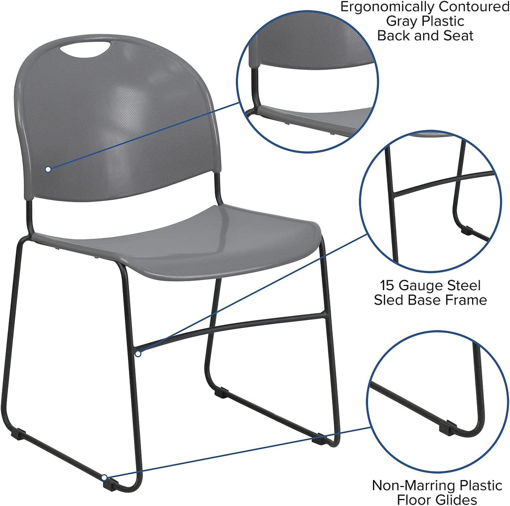 Flash Furniture 5 Pack HERCULES Series 880 lb. Capacity Gray Ultra-Compact Stack Chair with Black Powder Coated Frame