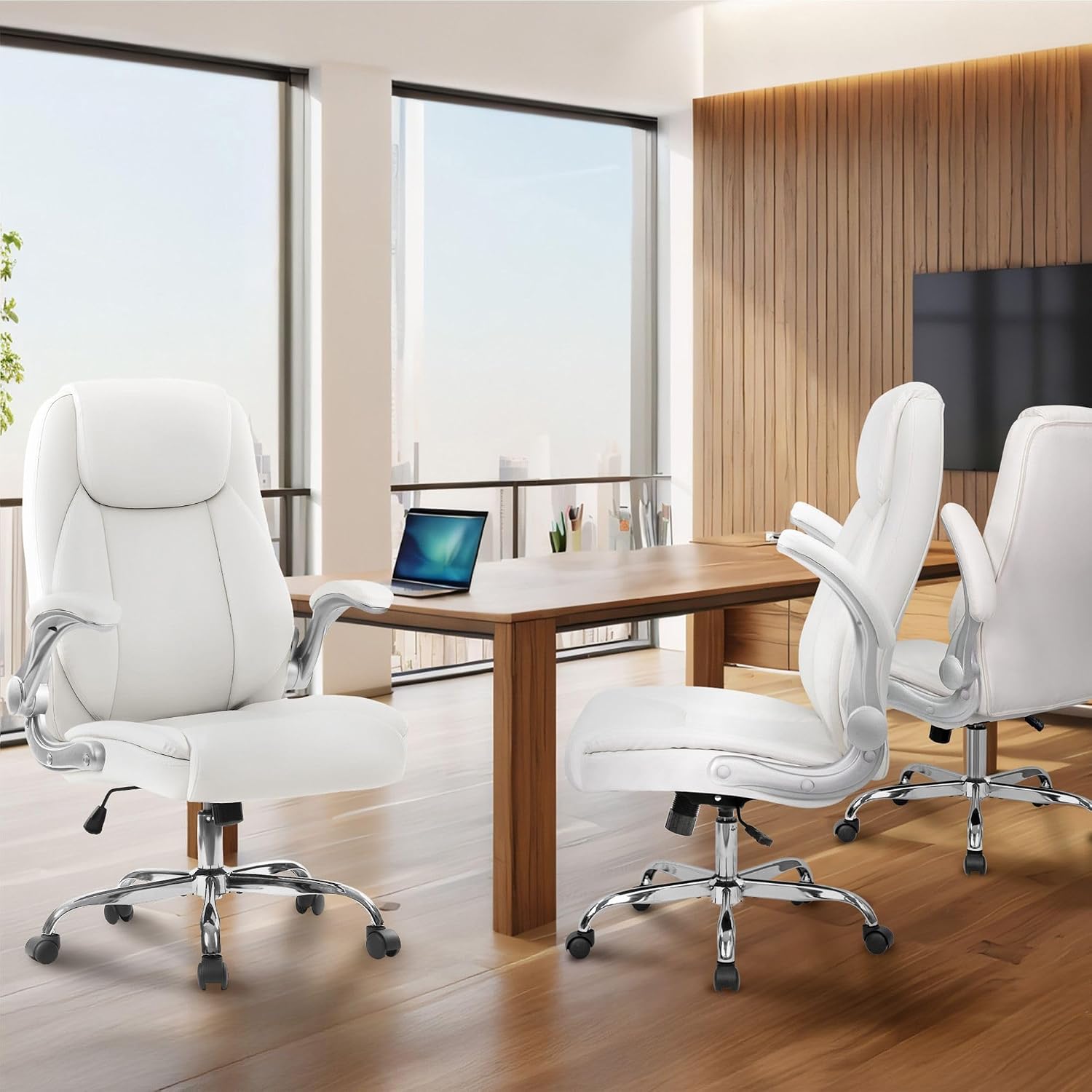 NEO CHAIR Office Desk Gaming Computer Home Chair Ergonomic Executive High Back Support Flip-up Arms Adjustable Height Swivel Rolling Wheels Comfy PU Leather (White)