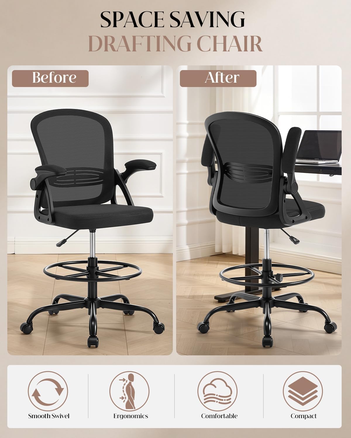 Drafting Chair with Tall Office Chair for Standing Desk | Flip-up Armrests, Adjustable Lumbar Support, Height‑Adjustable Footrest Ring & Seat, Ergonomic Tall Desk Chair