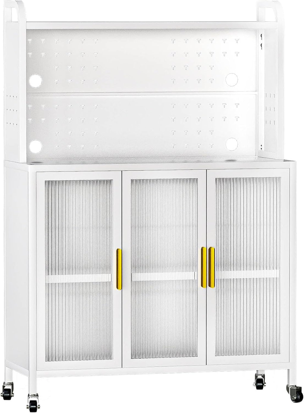 Kitchen Pantry Cabinets, Freestanding Pantry Cabinets with Microwave Stand, Modern Pantry Cabinet with Transparent Door, Kitchen Pantry Cabinet with Versatile Pegboard, Easy to Move, White (White)