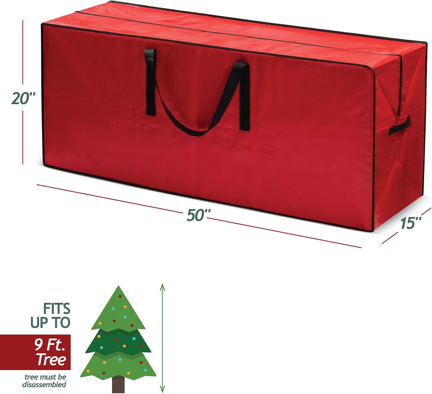 Sagler 9 ft Christmas Tree Storage Bag - Waterproof, Heavy-Duty, Large Christmas Tree Bag - Reinforced Handles, Dual Zipper, Label & Side Pocket - Protection From Dust, Water - Red, 50x15x20"