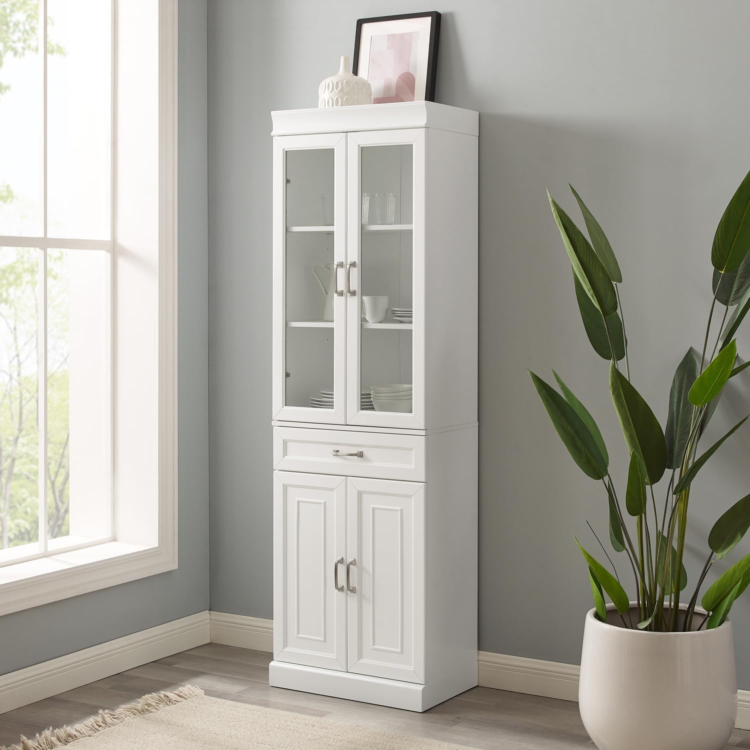 Maykoosh Glass Door Pantry Cabinet - White Kitchen Storage - Adjustable Shelves - Modular Design