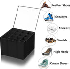 SUOCO 2 Pack Shoe Organizer for Closet, Fits up to 32 Pairs, Small Space Shoe Storage Boxes Bins Containers w/Adjustable Dividers and Clear Top, Black