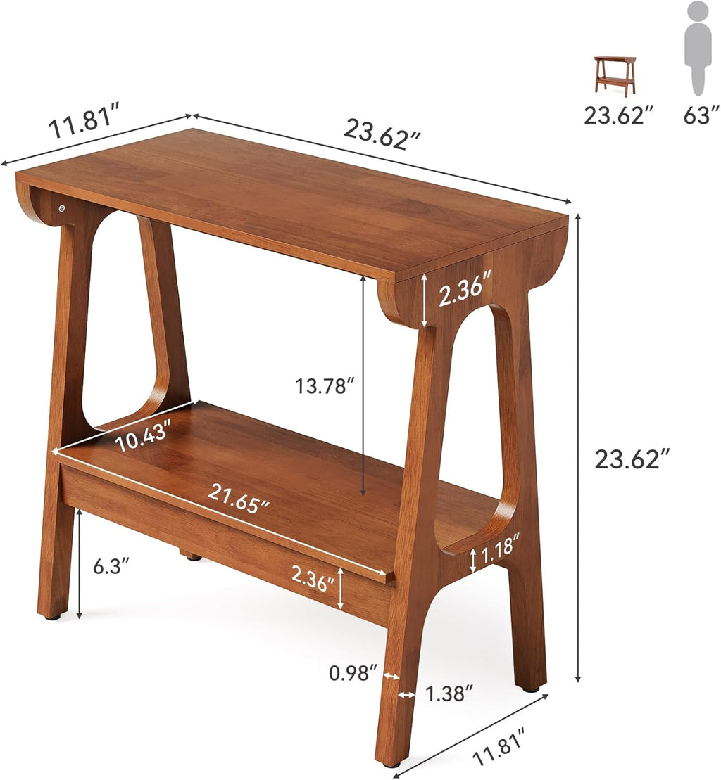 LITTLE TREE Solid Wood End Table with Storage Shelf, Narrow 2-Tier Side Table for Small Spaces, Tall Nightstand for Living Room, Dark Brown