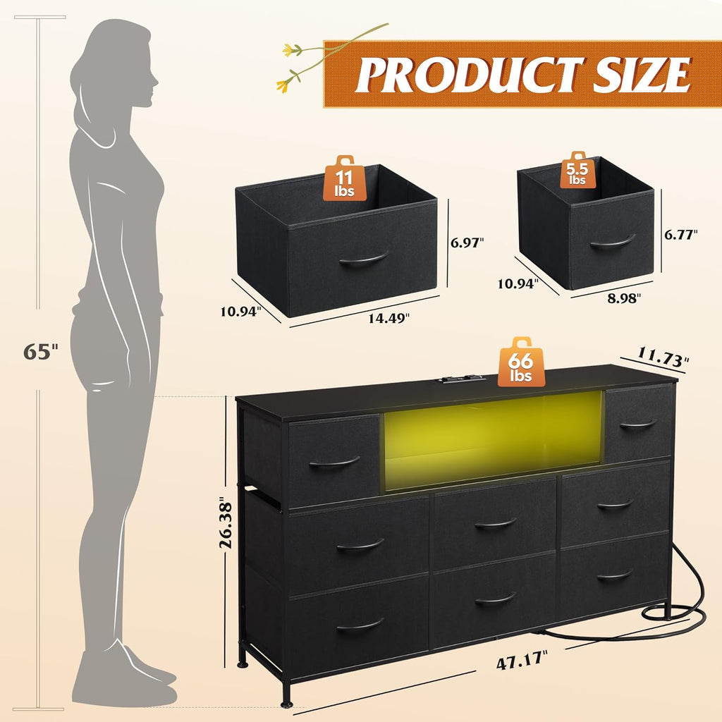 WLIVE LED Dresser TV Stand for 55 Inch TV, 8 Drawers, Black | Fits TVs up to 55 inch, 8 fabric drawers, LED chest of drawers, Built-in power outlet, Living room or bedroom