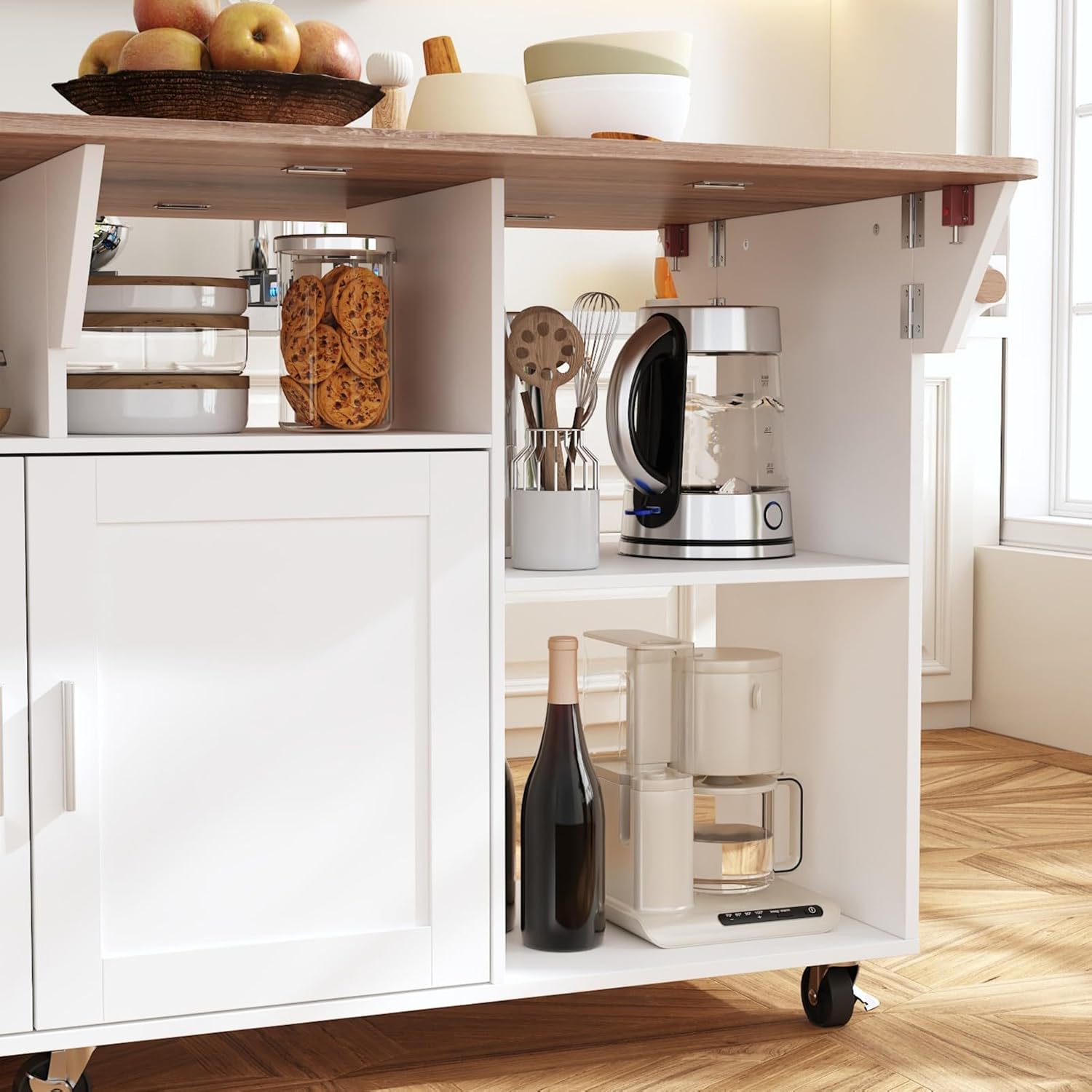 Rolling Kitchen Island Cart with Storage, Mobile Kitchen Island on Wheels with Drop Leaf & 2 Drawers, Adjustable Shelf, Towel Rack & Brown Tabletop, White, 70.9”W x 31.7”D x 35.4”H