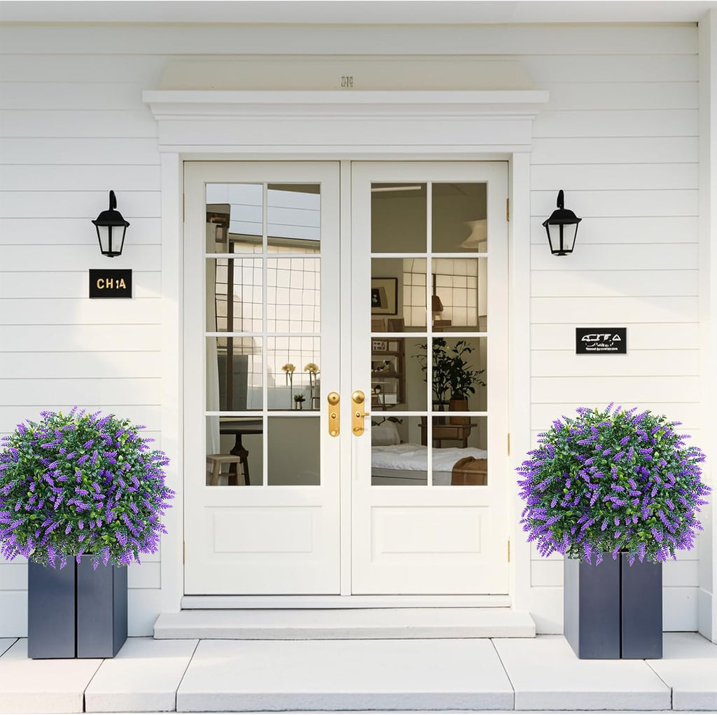 Artificial Lavender Topiary Ball Trees, 2 Set of UV Resistant Fake Evergreen Shrubs Bushes Plants with Ground Spike, Fake Plants for Outdoor Indoor Front Porch Garden