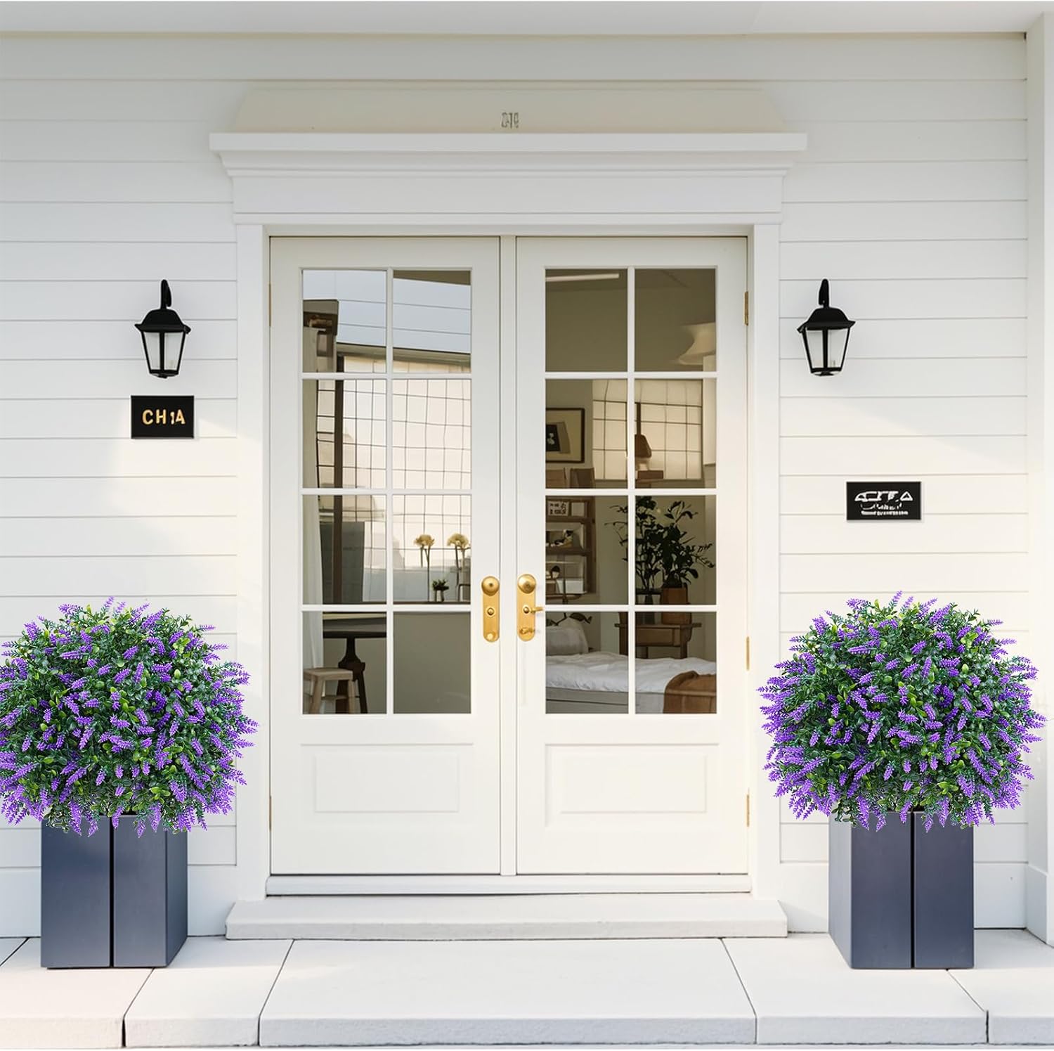 Artificial Lavender Topiary Ball Trees, 2 Set of UV Resistant Fake Evergreen Shrubs Bushes Plants with Ground Spike, Fake Plants for Outdoor Indoor Front Porch Garden