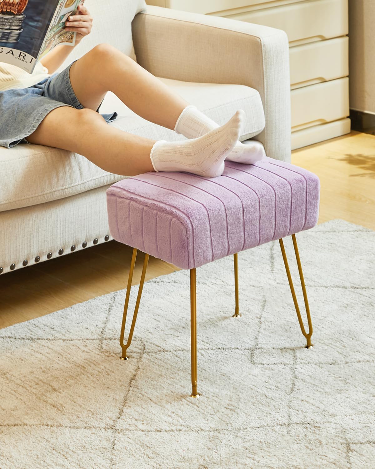 IBUYKE Velvet Rectangular Footrest Stool Ottoman, Makeup Vanity Stool Side Table, Velvet Dressing Table Seat, Pouf Couch Stool, Golden Steel Legs, Purple LG-51V