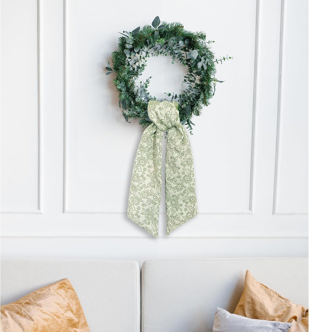 Christmas Wreath Sash for Front Door, Green Floral Leaves Burlap Sash 3D Relief Texture Wreath Accessories for Home Wedding Birthday Decorations