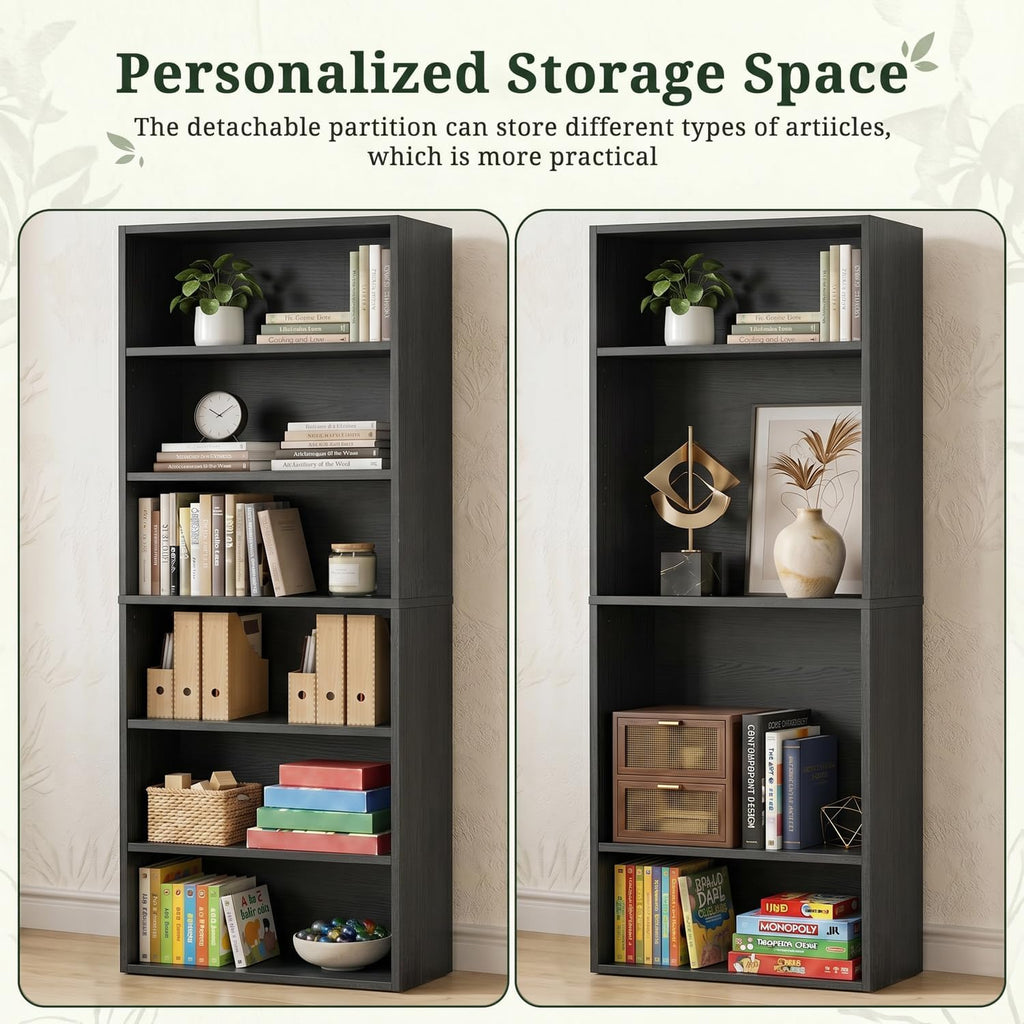 6 Tier Bookshelf, 63" Tall Open Display Bookcase with Reinforced Back & Anti-Tip Kit, Heavy Duty Wood Book Shelves for Home Office, Living Room & Bedroom, Black