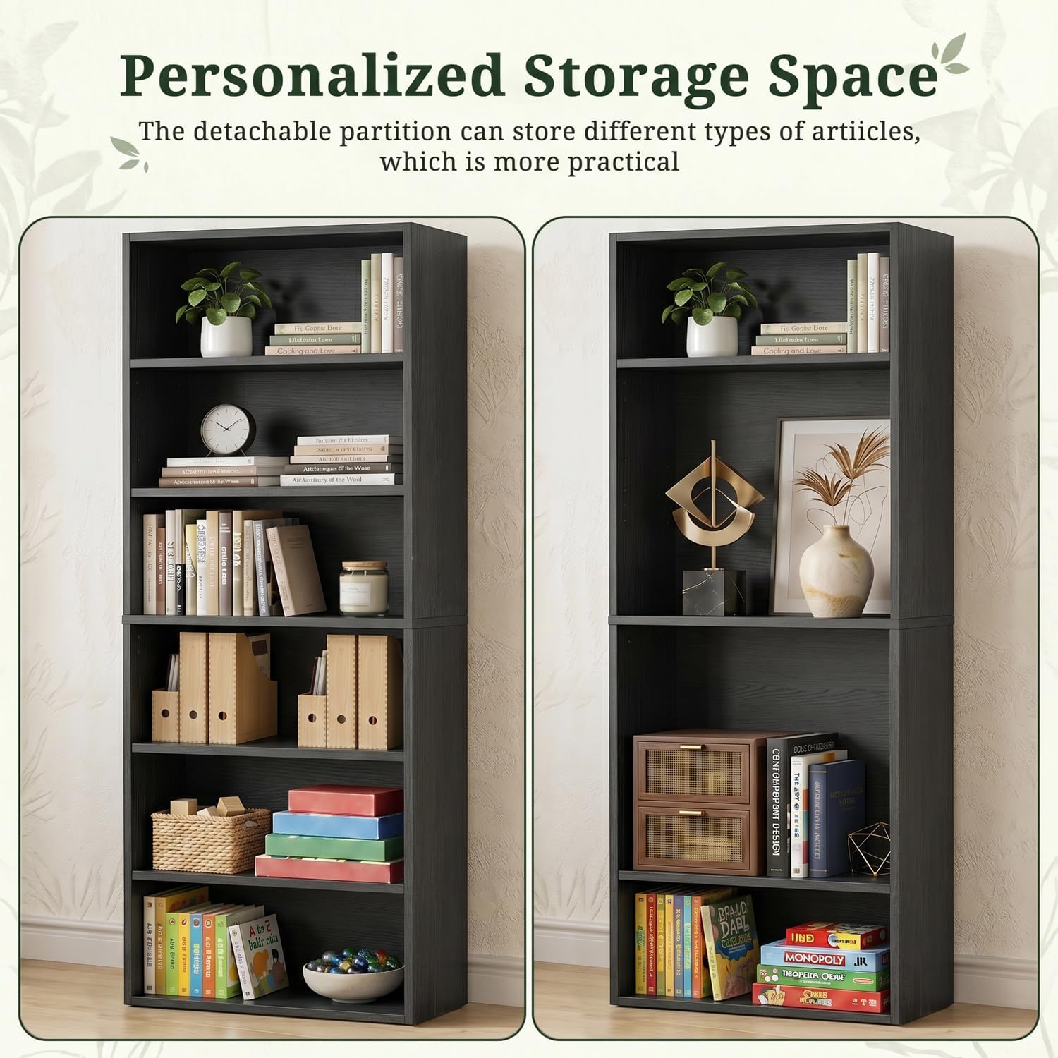 6 Tier Bookshelf, 63" Tall Open Display Bookcase with Reinforced Back & Anti-Tip Kit, Heavy Duty Wood Book Shelves for Home Office, Living Room & Bedroom, Black