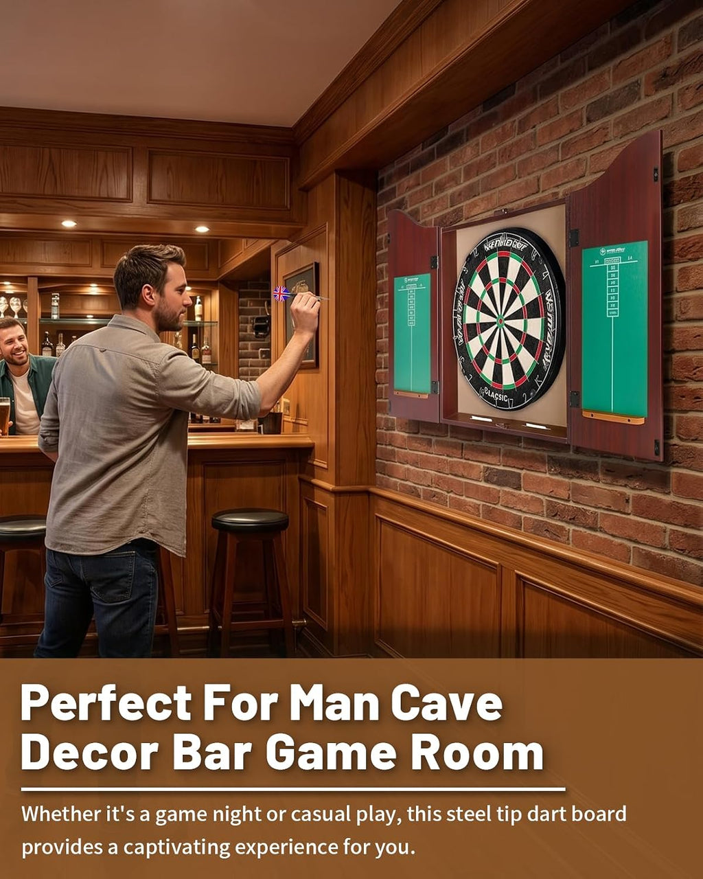 Dartboard Cabinet Set, Dart Boards for Adults with 6 Darts, Regulation Size | Self‑Healing Fibers, Rotating Number Ring, Chalkboard Scoring for Game Room Man Cave and Home Bar, Brown
