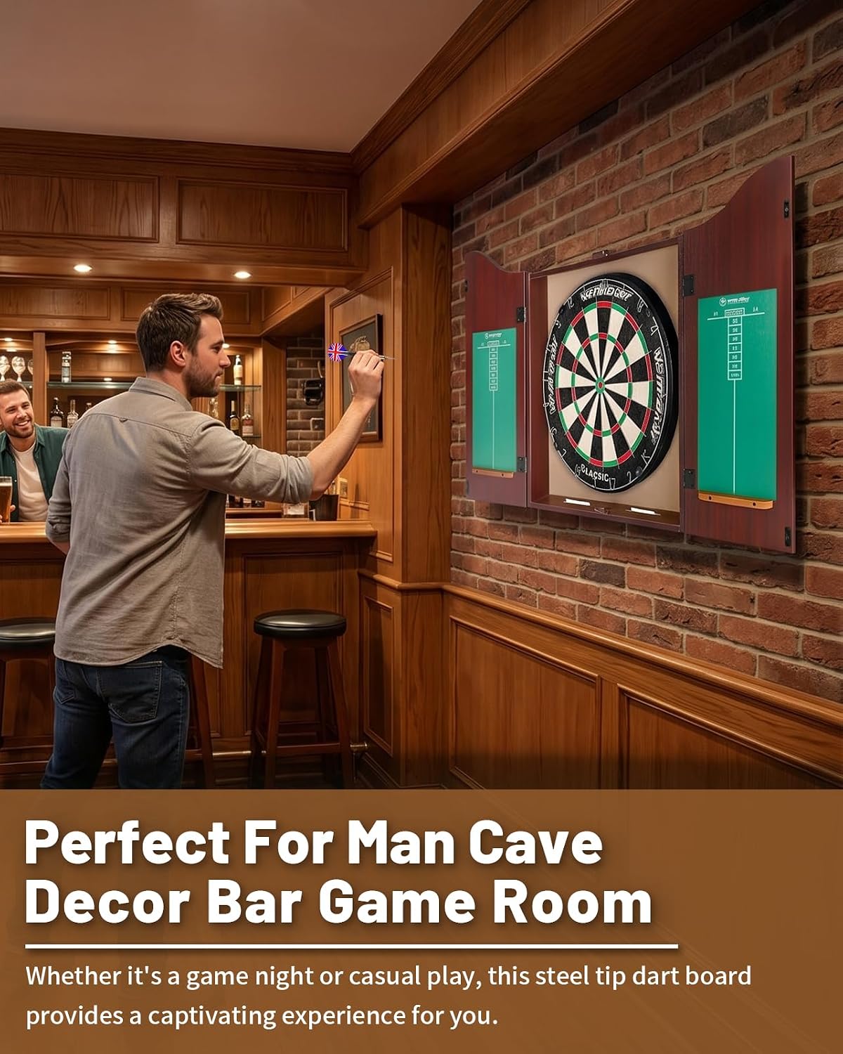 Dartboard Cabinet Set, Dart Boards for Adults with 6 Darts, Regulation Size | Self‑Healing Fibers, Rotating Number Ring, Chalkboard Scoring for Game Room Man Cave and Home Bar, Brown