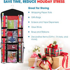 ProPik Hanging Double Sided Wrapping Paper Storage Organizer With Multiple Pockets Organize Your Gift Wrap, Gift Bags Bows Ribbons 40"X17" Fits 40 Inch Rolls Clear PVC Bag (Black)