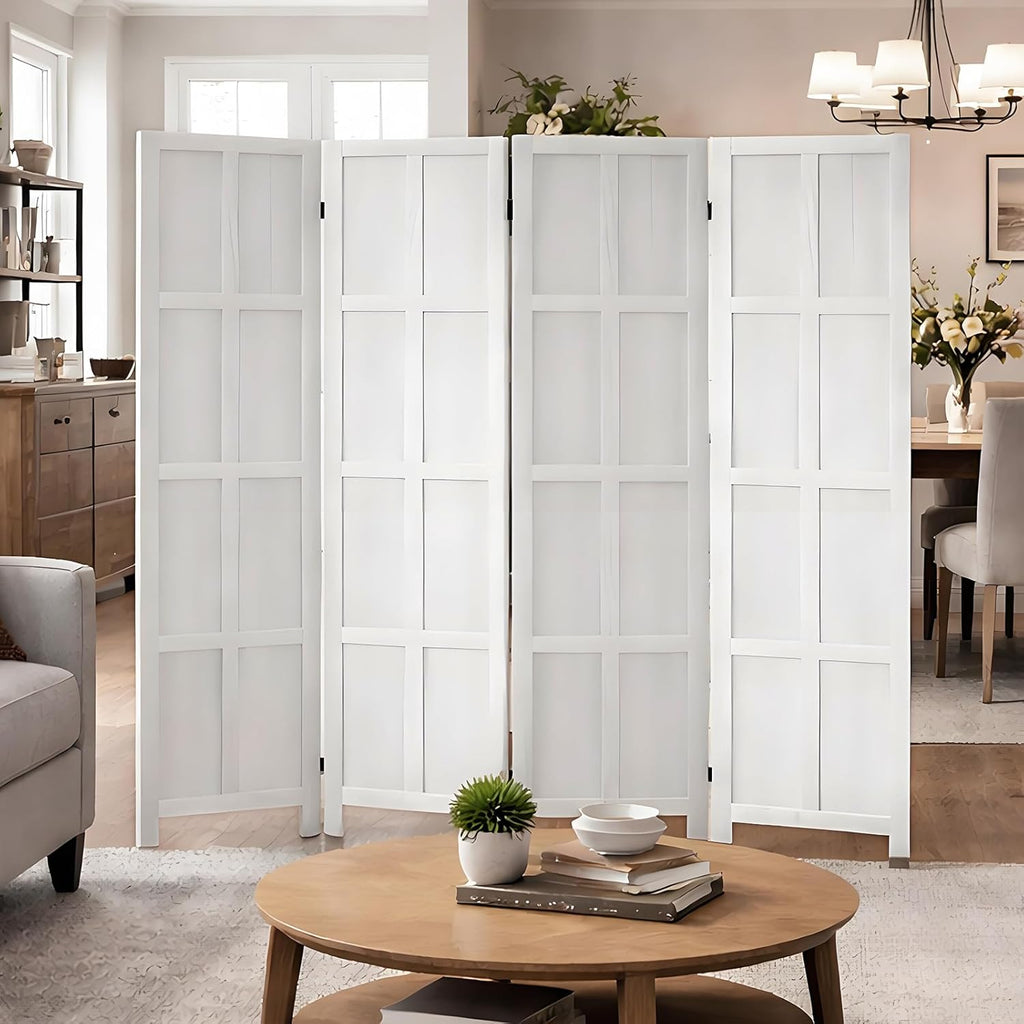 4 Panel Room Divider Folding Privacy Screen, 66.92″ Tall Solid Paulownia Wood Room Partition with 360° Hinges, Freestanding Wall Divider for Room Separation, Home, Bedroom, Office (White)